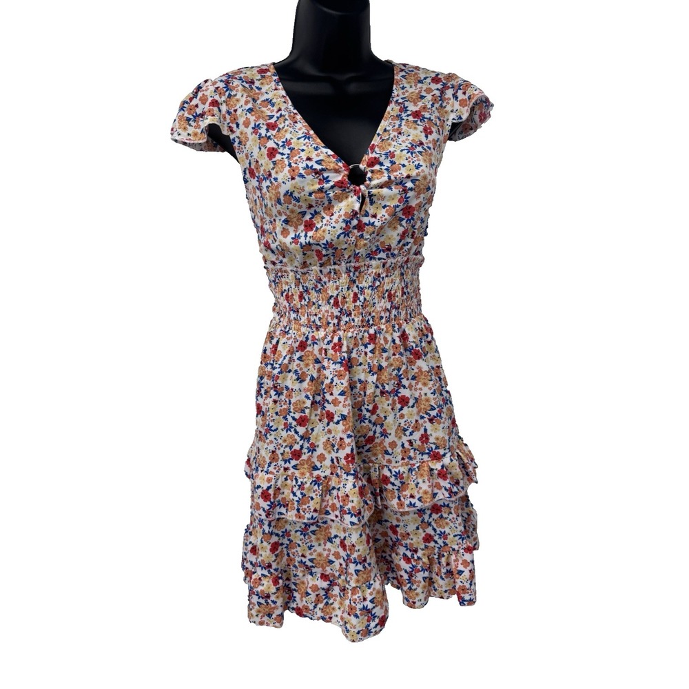 Floral Print Dress Short Sleeve V-Neck Smocked Waist S‎ NWT tiered fairy cottage